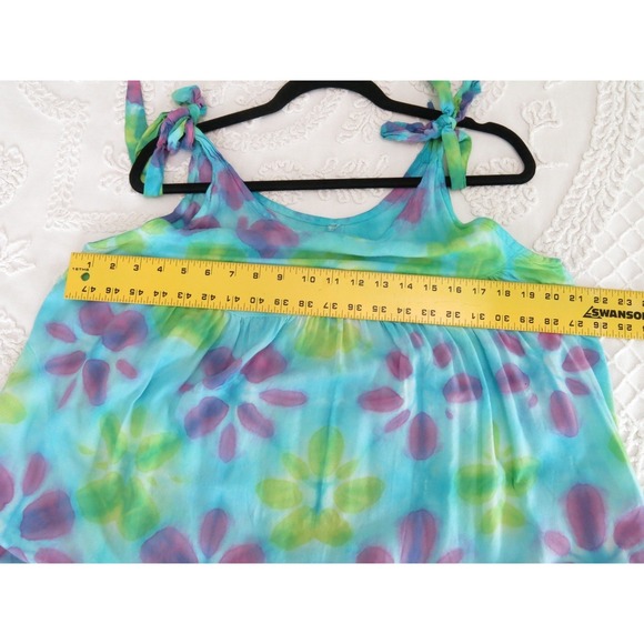 Vintage Rayon Blue Purple Floral Tie Dye Sundress Free Size Tie Shoulder Empire - Picture 9 of 9